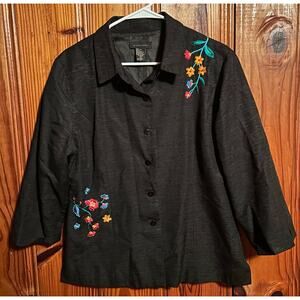 Black SILK LAND embroidered 100% silk button up blouse large